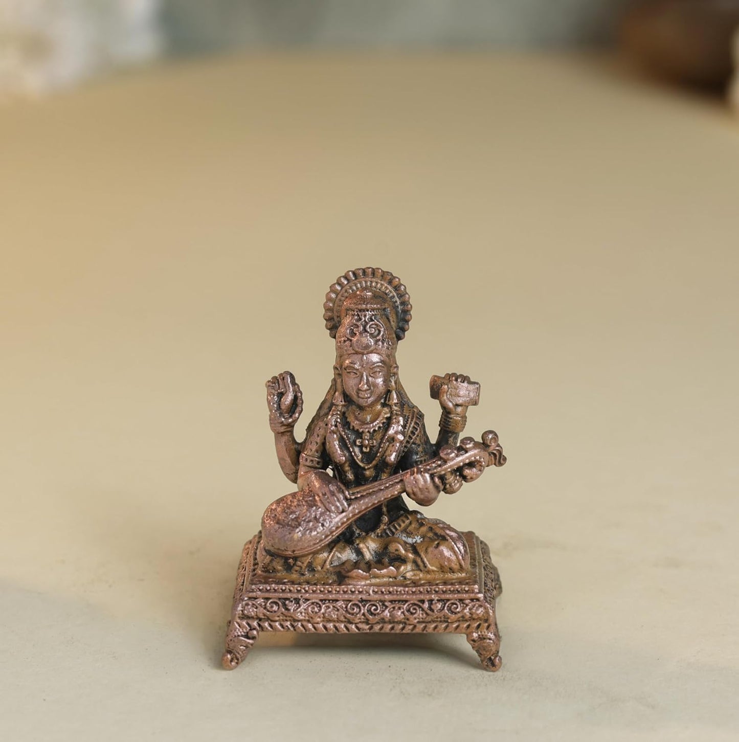 Peeta Saraswati Idol | 60 gm,5 inches  Saraswati Murti | Antique Finish Metal God Statue for Home Temple