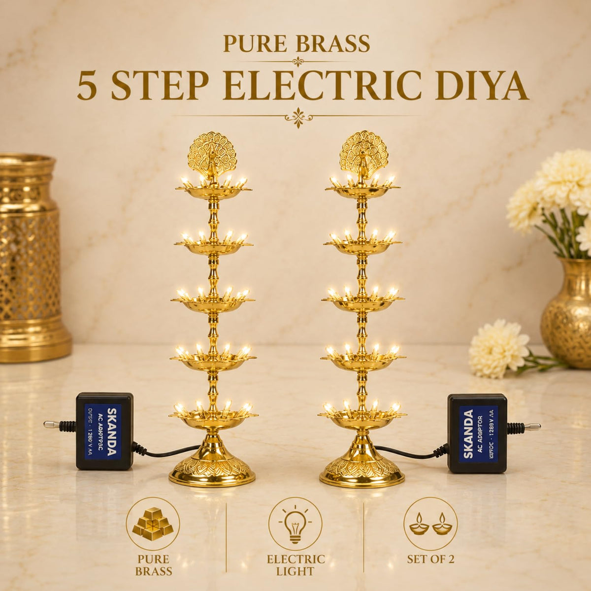 Pure Brass 5 Step Electric Gold Bulb Lights Diya | Deep | Deepak for Pooja | Puja | Mandir | Diwali Festival Decoration | Pair | with Golden Polish for no Colour Fading