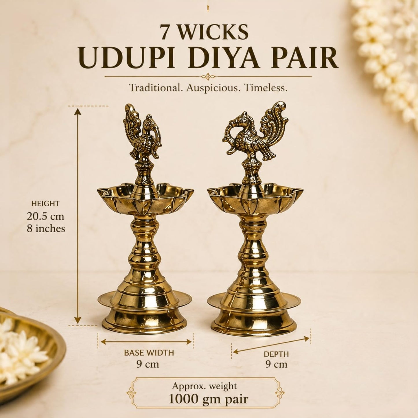 Pure Brass Udupi Diya with 7 Wicks – Murga Design, 4 Inches, Pack of 1 Pair