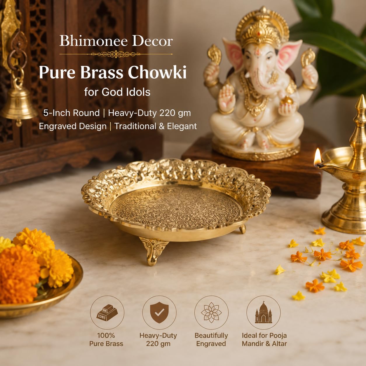 Brass Chowki for God Idols | 5-Inch | Heavy-Duty 220 gm Stand