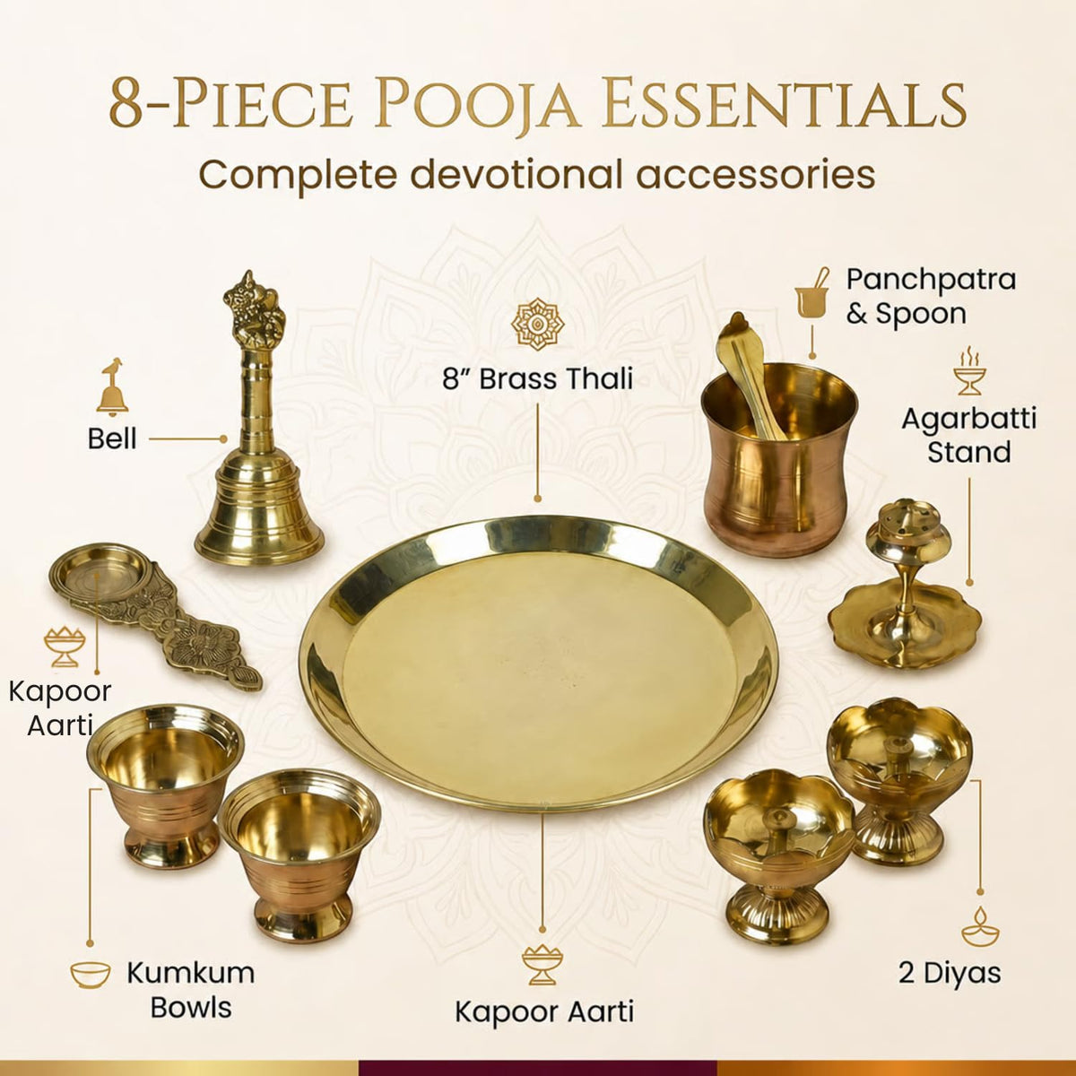 8-Inch Pure Brass Pooja Thali Set with Diyas, kumkum bowls, Aarti stand, Panchpatra with spoon, Karpoor aarti and Bell