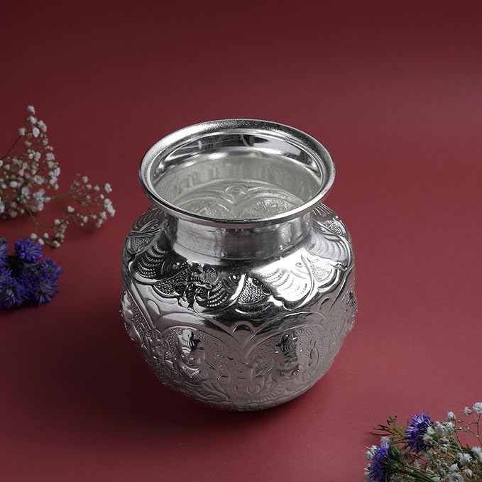 Ashtalakshmi Chambu for Pooja & Ritual Use | Silver Finish Embossed Goddess Lakshmi Kalash Water | Silver finish | Size 12.7 cm Height