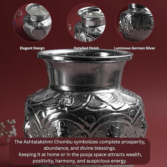 Ashtalakshmi Chambu for Pooja & Ritual Use | Silver Finish Embossed Goddess Lakshmi Kalash Water | Silver finish | Size 12.7 cm Height