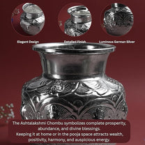 Ashtalakshmi Chambu for Pooja & Ritual Use | Silver Finish Embossed Goddess Lakshmi Kalash Water | Silver finish | Size 12.7 cm Height