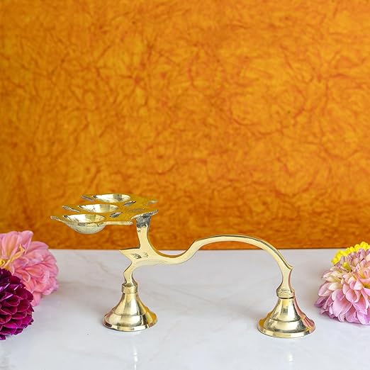 Big 3 Wicks JJ Aarthi Brass Oil Lamp |18x11 cm, 260 gm Traditional Handcrafted Pooja Deepam for Mandir & Festivals | Decorative Spiritual Home & Temple Accessory