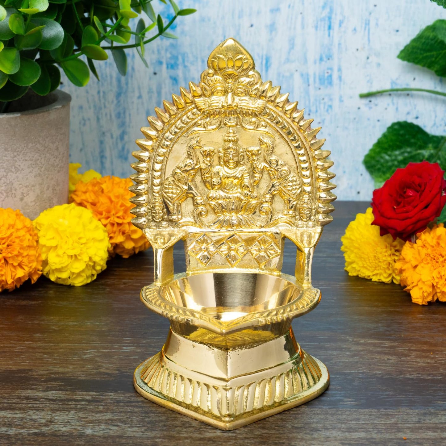 Gaja Lakshmi Kamakshi Brass Diya for Pooja | 5.75 Inch, 380g