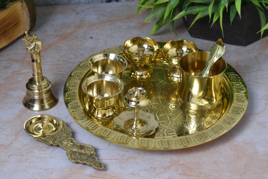 Pure Brass 9-Inch Pooja Thali Set (650g)