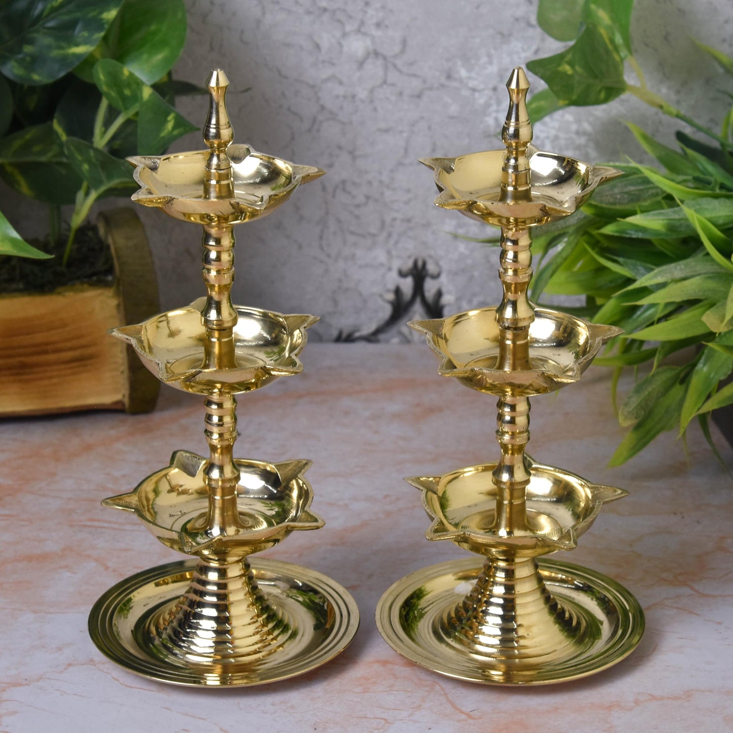 Pure Brass 3-Layer Kerala Diya, 6 Inches (Pair)