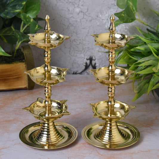 Pure Brass 3-Layer Kerala Diya, 6 Inches (Pair)