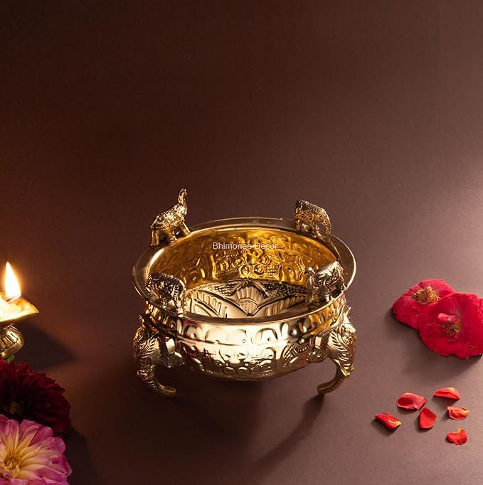 Elephant Carving Urali Bowl 6" | 570 gm Decorative Brass Bowl & Platter | Home Decor, Pooja & Gifting | Brass | Gold