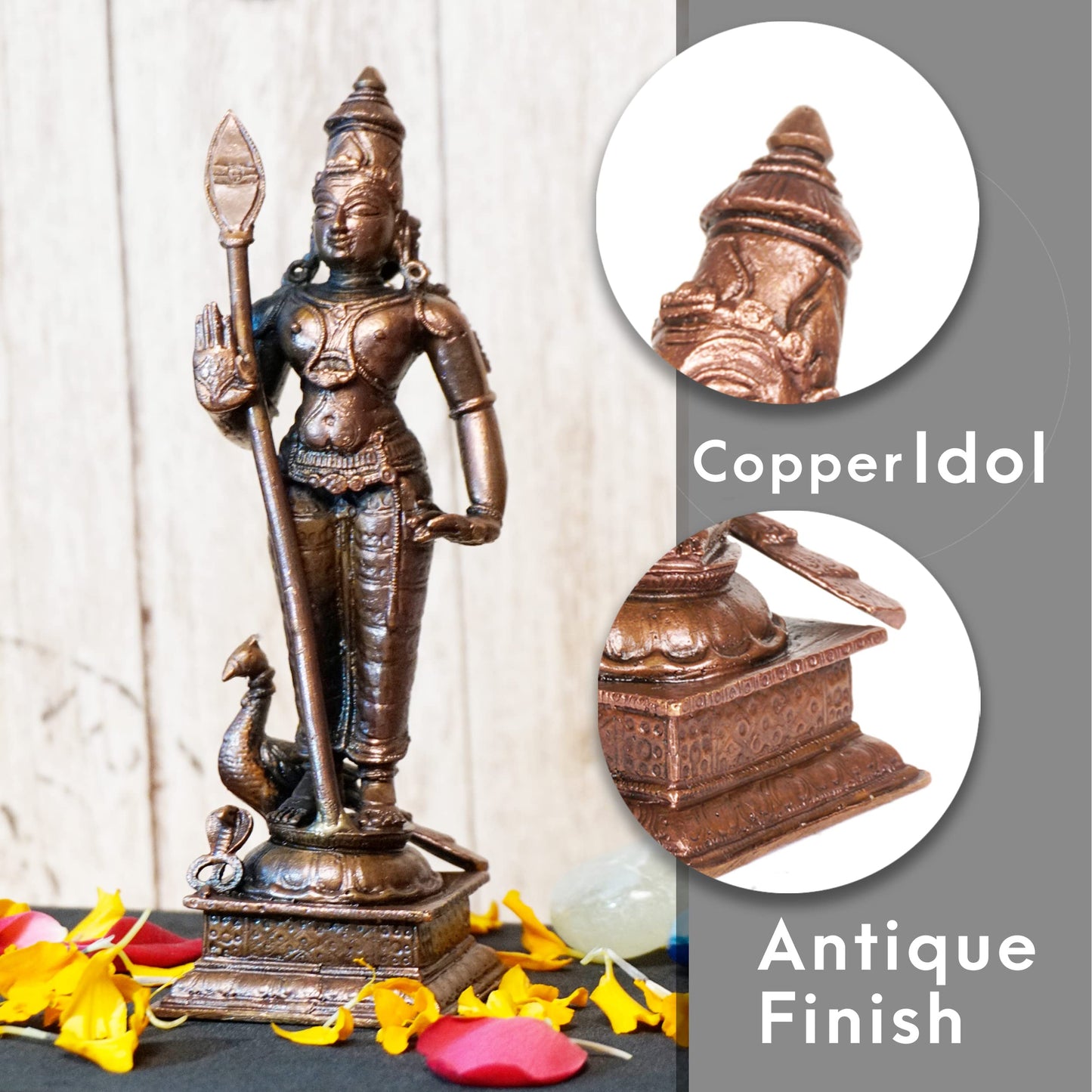 Copper Kartikeya Murugan Idol with Peacock | 6-Inch | Patina Antique Finish | 550g | 1 Pc