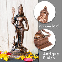 Copper Kartikeya Murugan Idol with Peacock | 6-Inch | Patina Antique Finish | 550g | 1 Pc