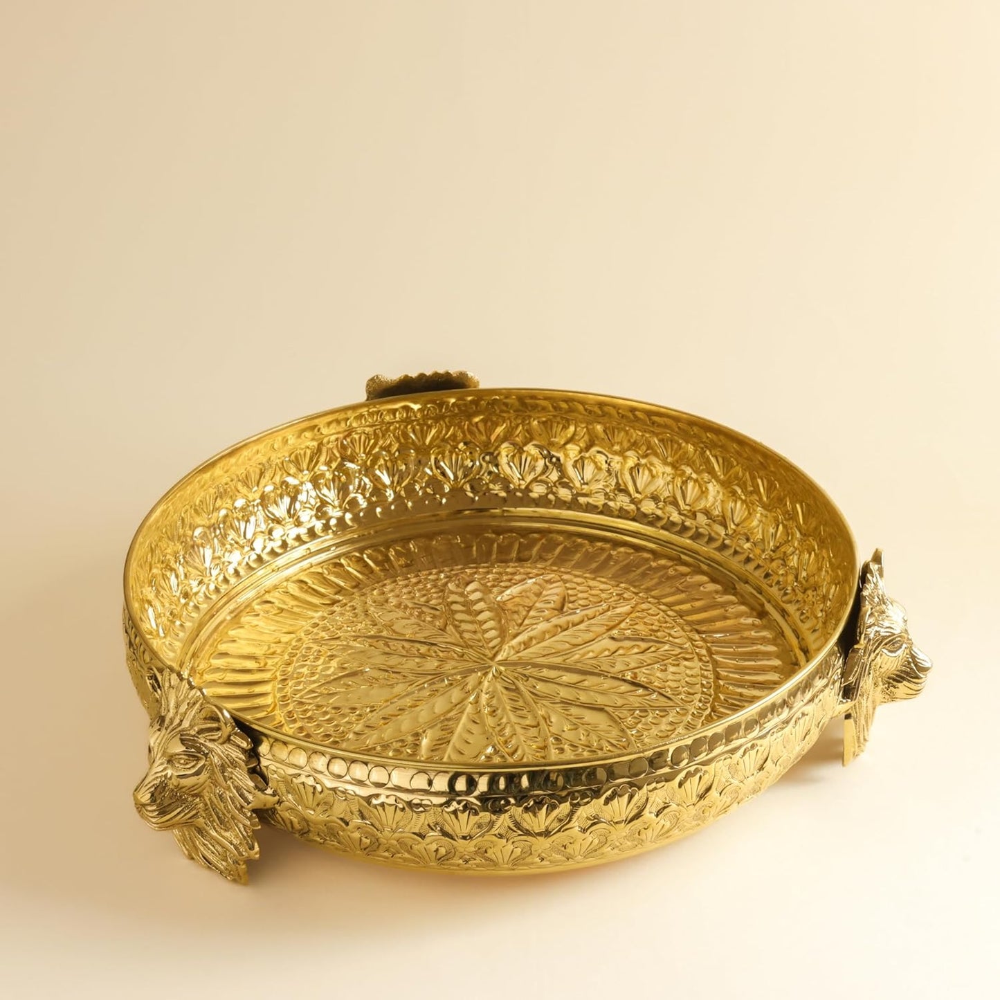 Brass Urli Bowl with Lion Design, 12 inches 1180 grams  | Decorative Floating Flower Bowl for Home Decor | |Handcrafted Metal Urli