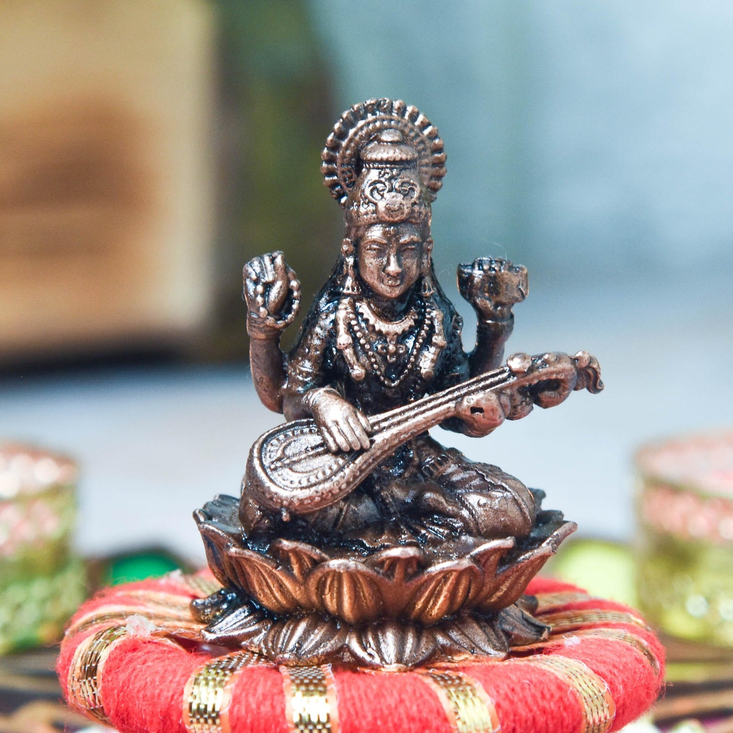 Copper Saraswati Idol with Patina Antique Finish, 1.7-Inch