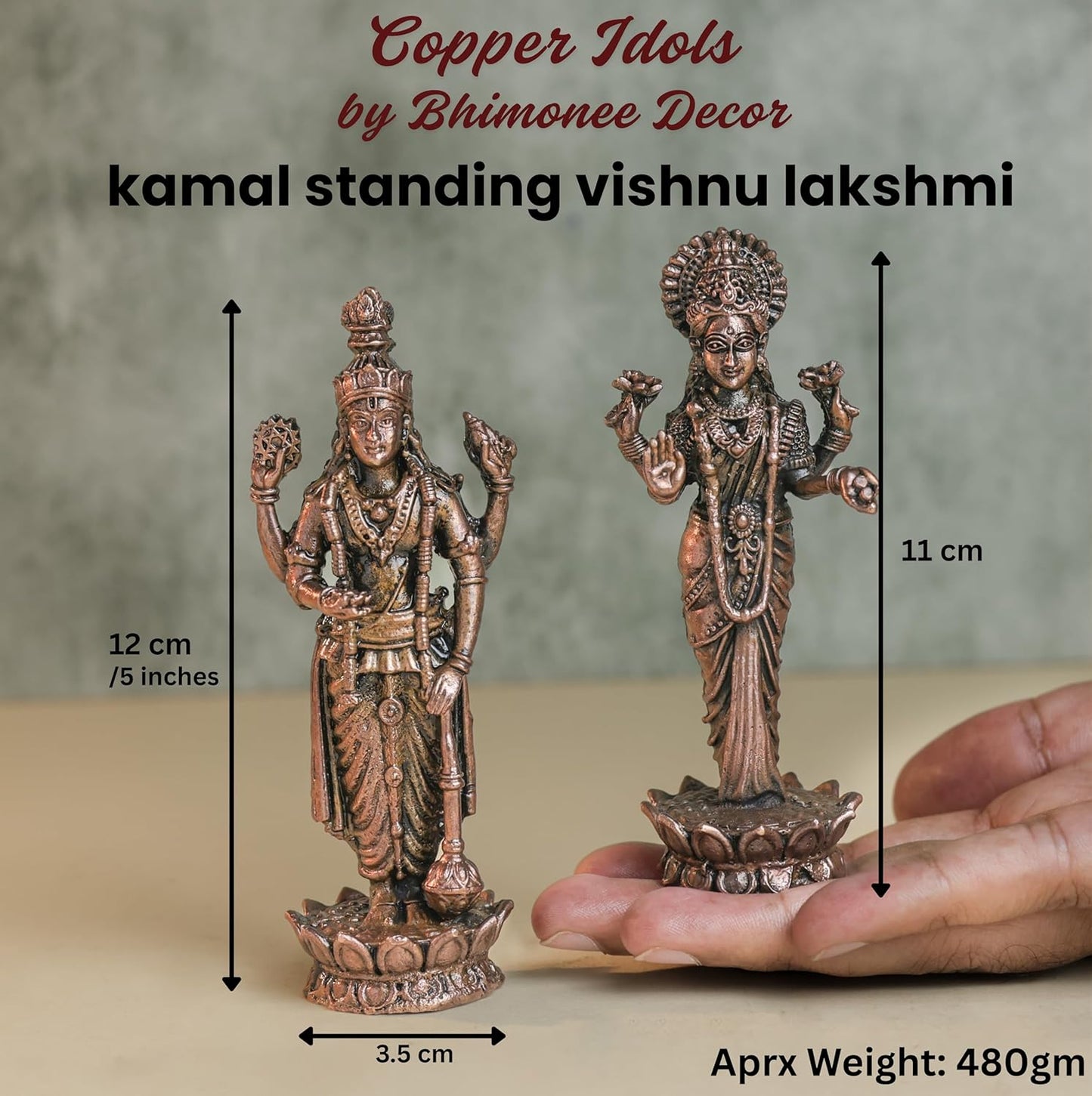 Lakshmi 11 inches & Vishnu 12 inches Idol Set 480 grams  | Antique Finish Metal God Statue for Home Temple