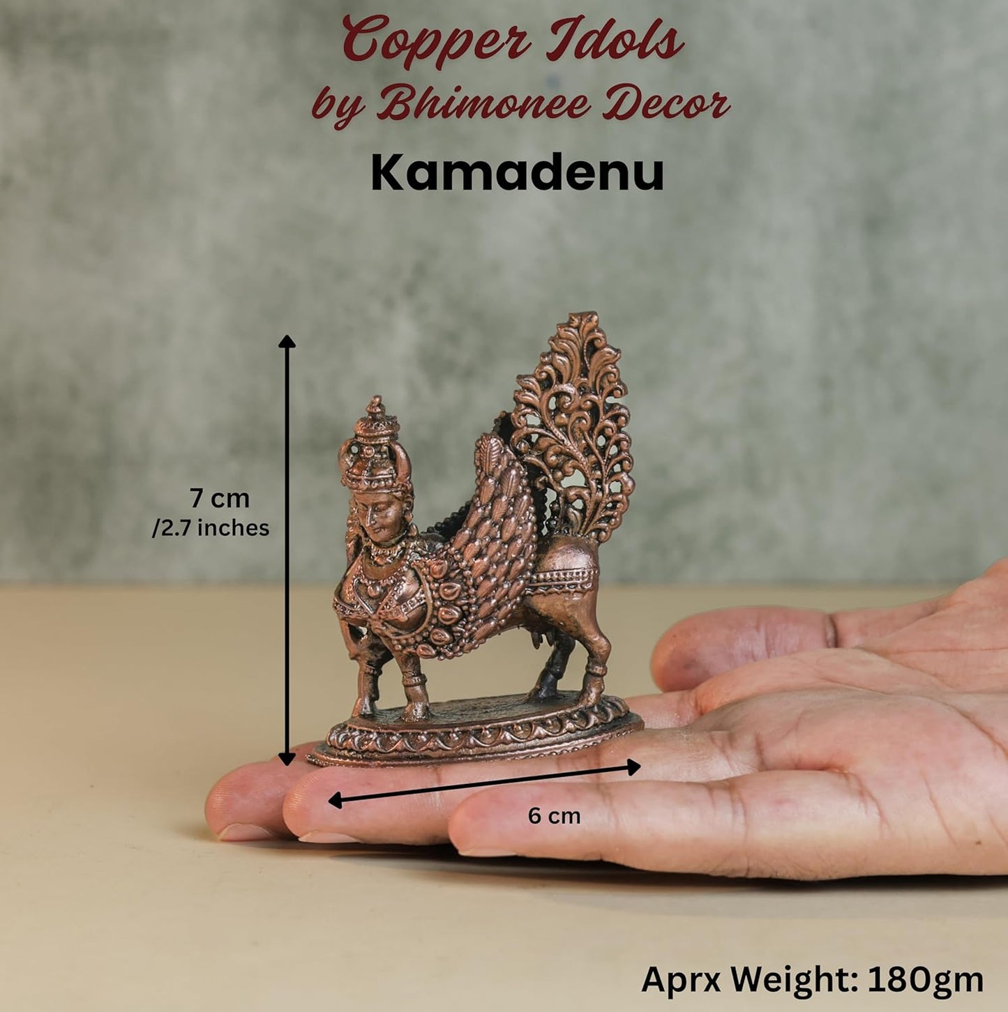 Kamadhenu Idol | 180 gm ,7 inches  Kamadhenu Murti | Antique Finish Metal Cow Statue for Home Temple |