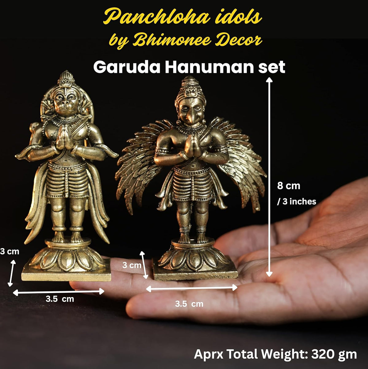 Garuda Hanuman Set Panchloha Idol | 3 inches Height | 320 Gram Handmade Traditional Hindu Religious Statue