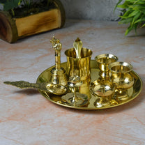 8-Inch Pure Brass Pooja Thali Set with Diyas, kumkum bowls, Aarti stand, Panchpatra with spoon, Karpoor aarti and Bell