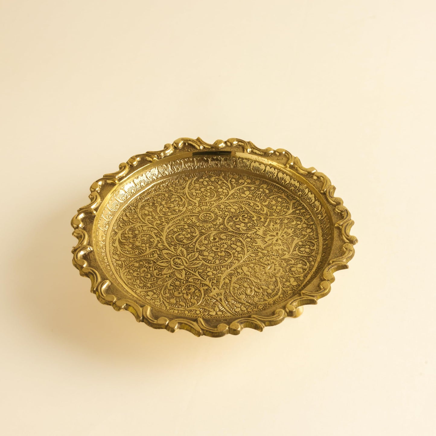 Brass Decorative Plate  | Floral Engraved Serving Plate for Diwali Pooja Gift Center Table | Handcrafted Metal
