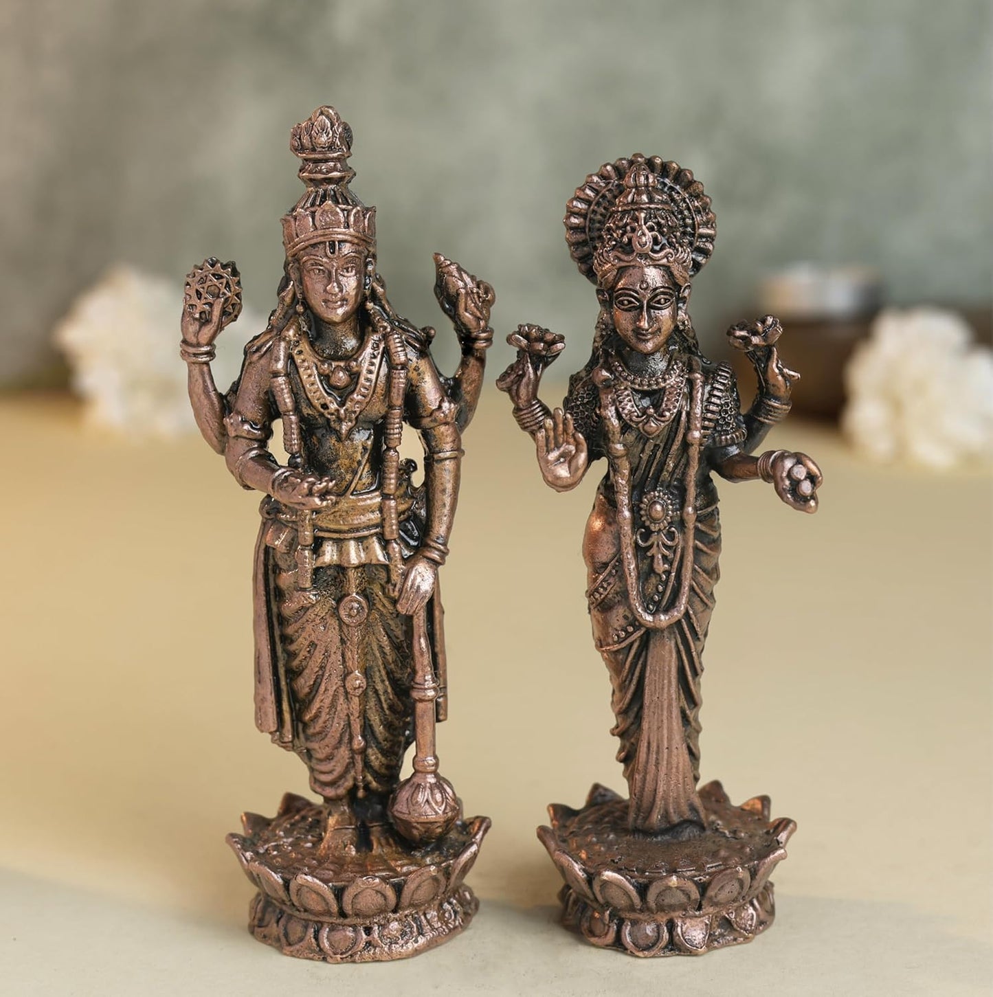Lakshmi 11 inches & Vishnu 12 inches Idol Set 480 grams  | Antique Finish Metal God Statue for Home Temple