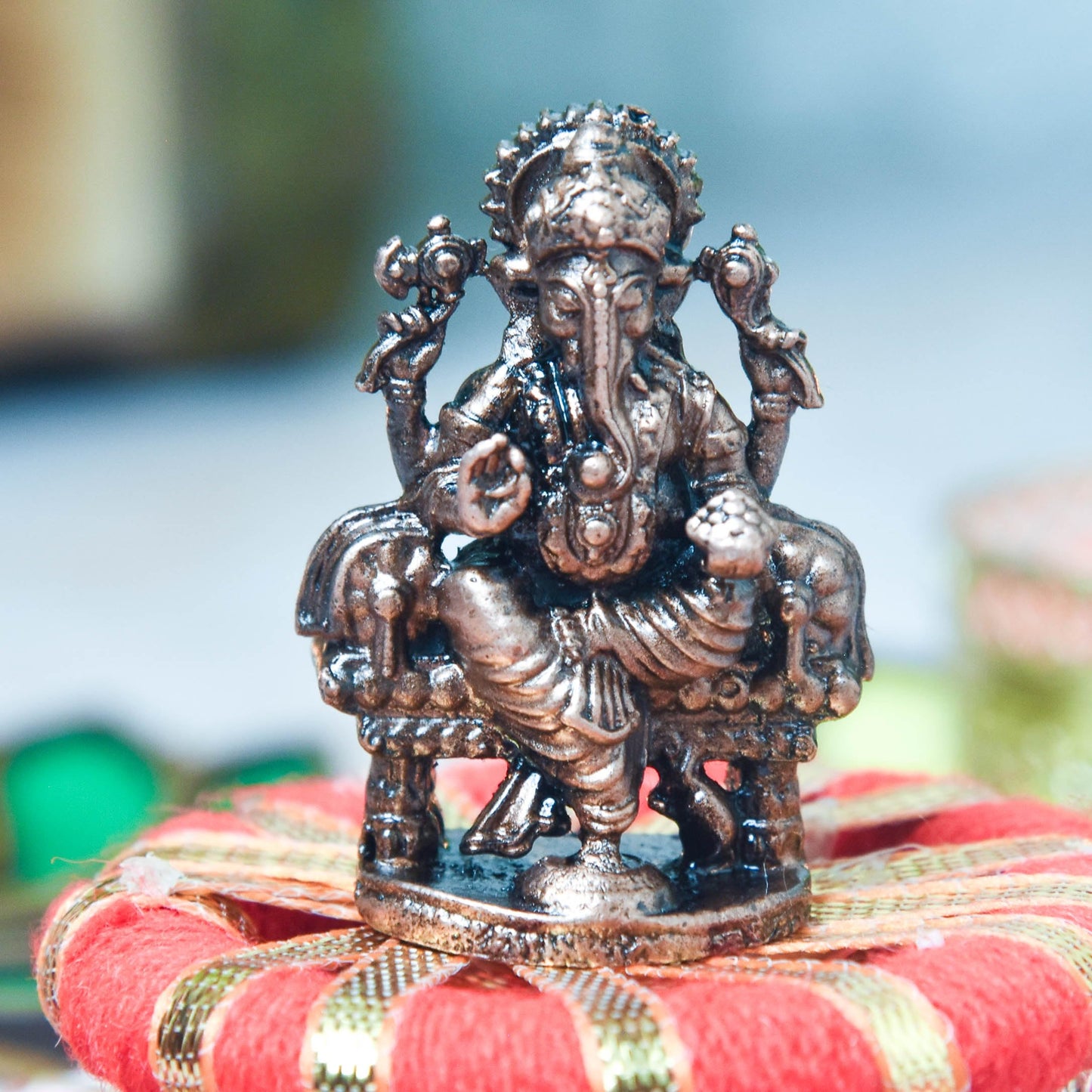 Copper Darbar Ganesha Idol, 1.5 Inch, Patina Antique Finish