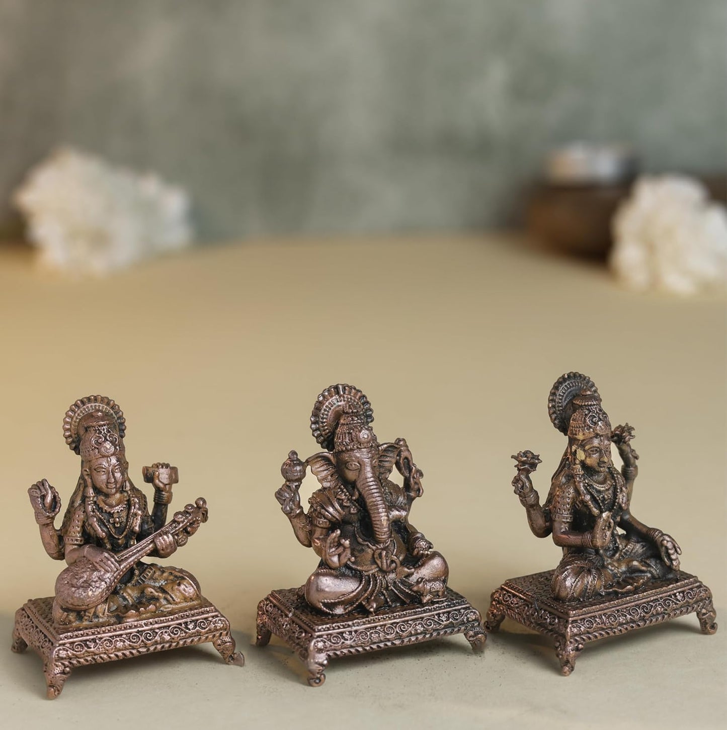 Peeta Lakshmi Ganesha Saraswati Idol Set | 180 gm,5 inches Brass Finish LGS Murti Combo