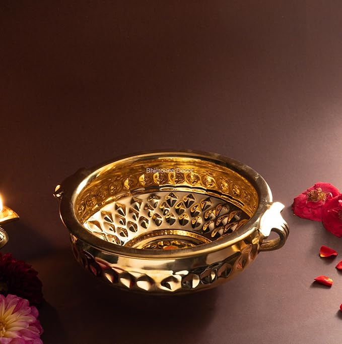 Diamond Carving Urali Bowl 8" | 470 gm Decorative Brass Bowl & Platter | Home Decor, Pooja & Gifting | Brass | Gold