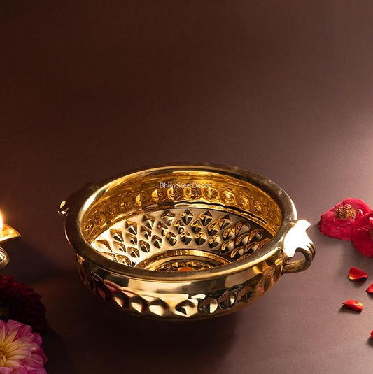 Diamond Carving Urali Bowl 8" | 470 gm Decorative Brass Bowl & Platter | Home Decor, Pooja & Gifting | Brass | Gold