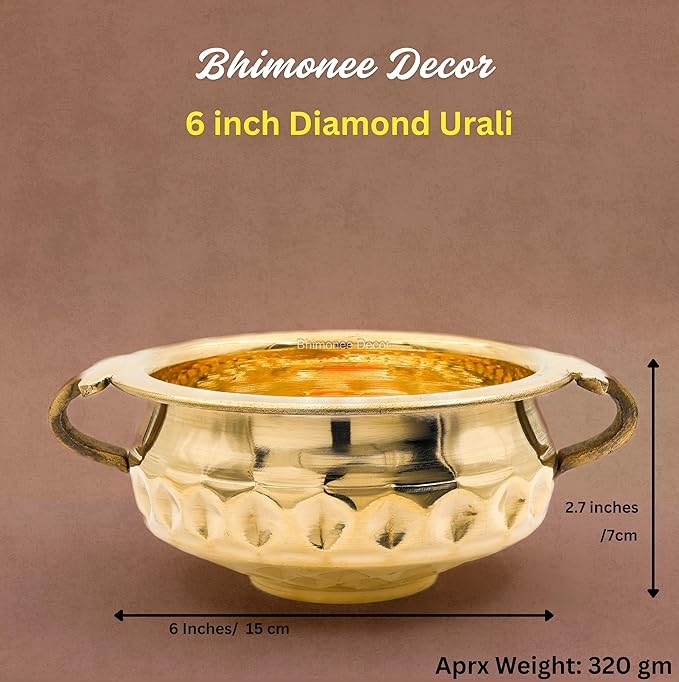 Diamond Carving Urali Thali 6" | 320 gm Decorative Brass Bowl & Platter | Home Decor, Pooja & Gifting | Brass | Gold