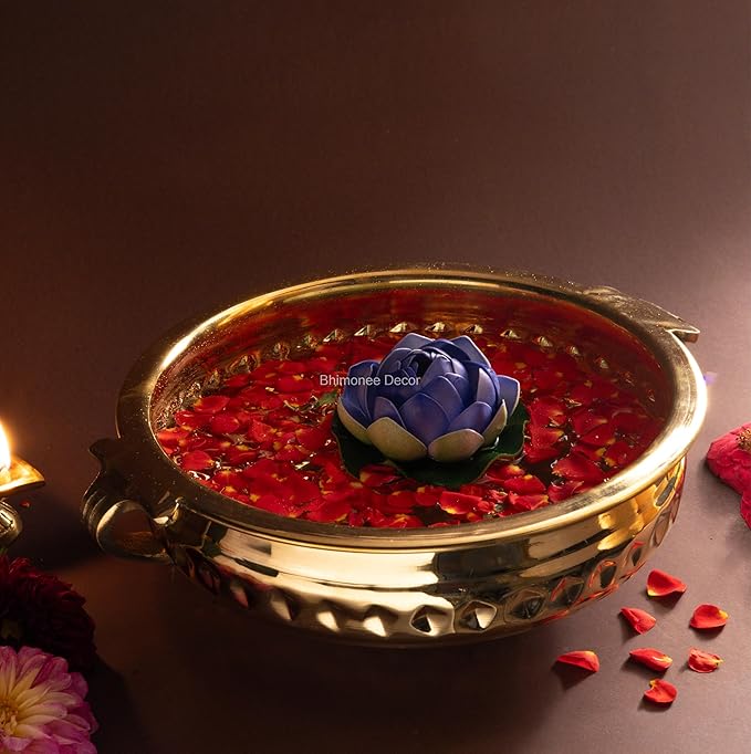 Diamond Carving Urali Bowl 10" | 740 gm Decorative Brass Bowl & Platter | Home Decor, Pooja & Gifting | Brass | Gold