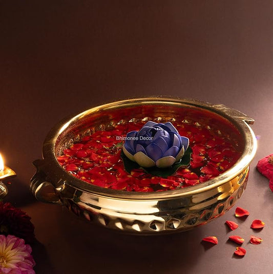 Diamond Carving Urali Bowl 10" | 740 gm Decorative Brass Bowl & Platter | Home Decor, Pooja & Gifting | Brass | Gold