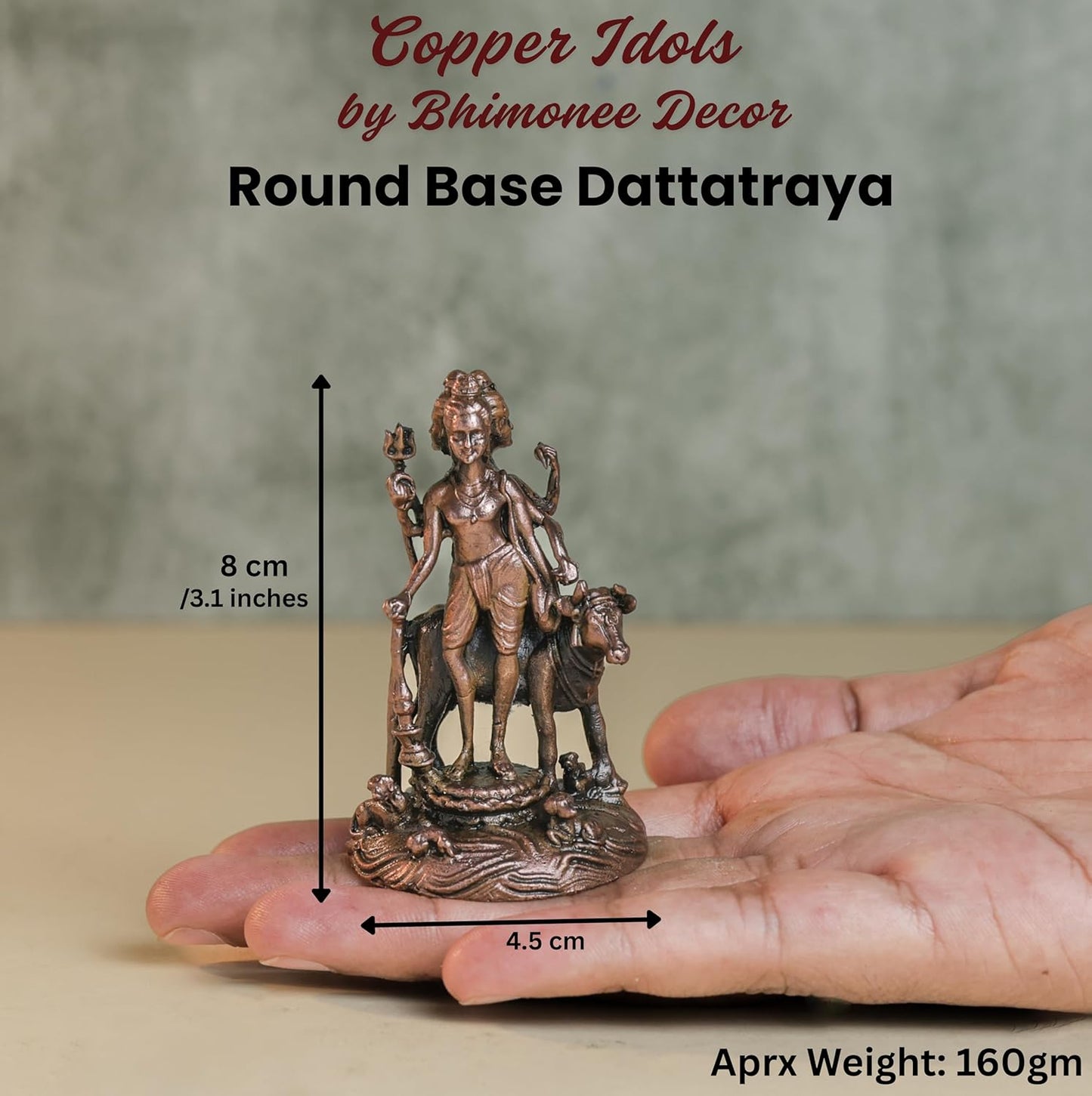 Dattatreya Idol | 160 gm ,8 inches Round Base Murti | Antique Finish Metal God Statue for Home Temple |
