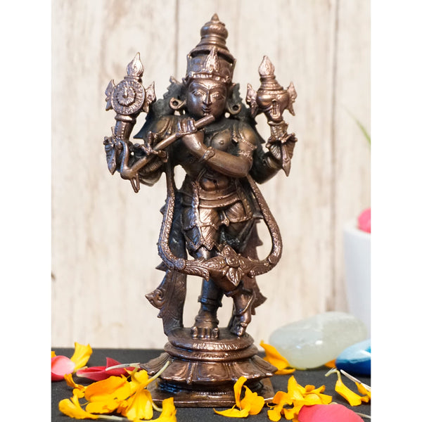 6-Inch Handmade Copper Chaturbhuj Krishna Idol | Patina Antique Finish | 675 gm | 1 Pc
