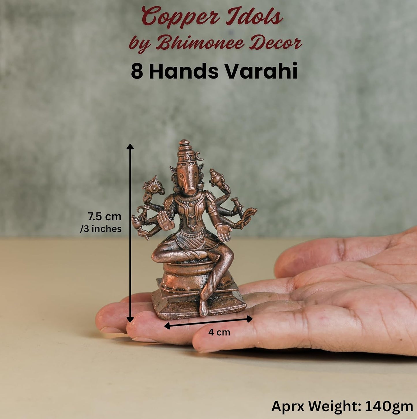 Varahi Idol | 140 gm , 7.5 inches 8 Hands Murti | Antique Finish Metal God Statue for Home Temple |