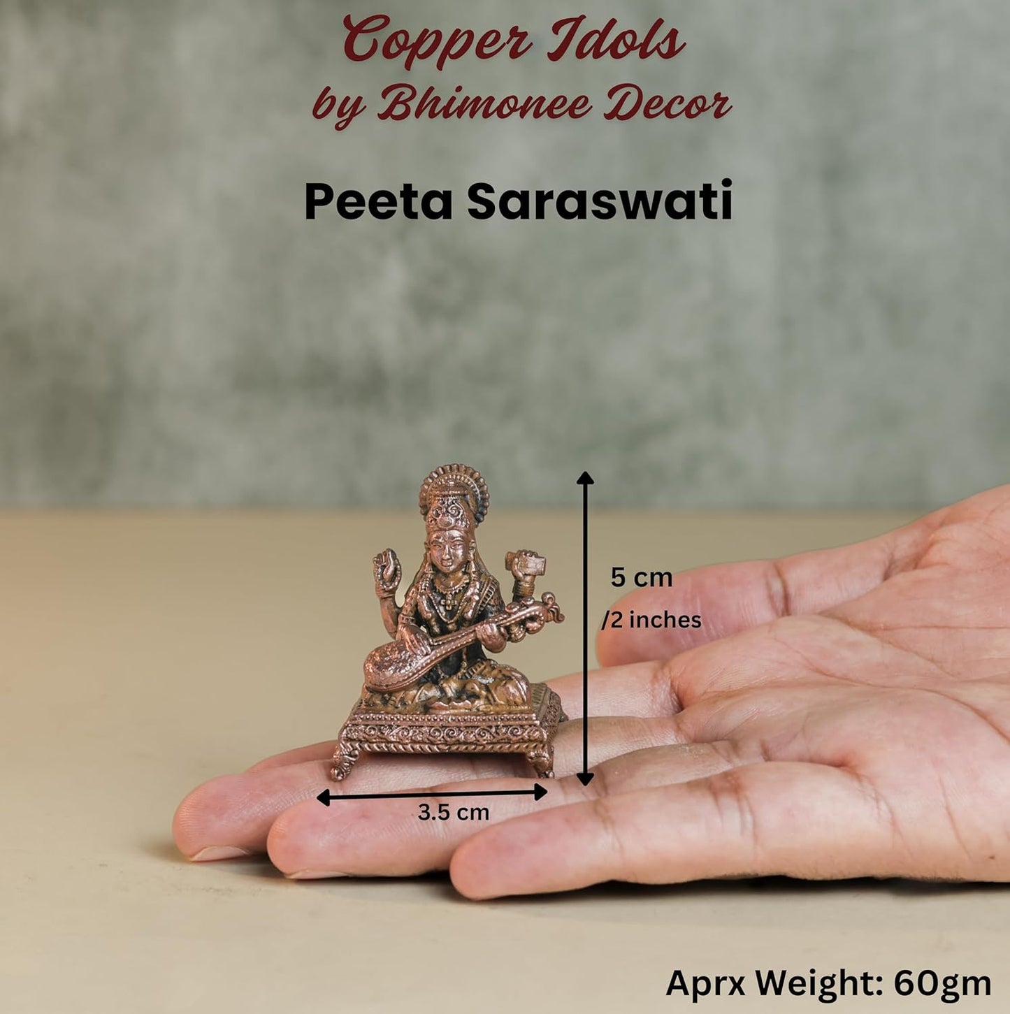 Peeta Saraswati Idol | 60 gm,5 inches  Saraswati Murti | Antique Finish Metal God Statue for Home Temple