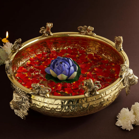 Brass Urli Bowl with Lion Design , 12 inches 1180 grams  | Decorative Floating Flower Bowl for Home Decor |  Handcrafted Metal Urli