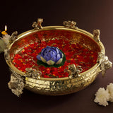Brass Urli Bowl with Lion Design , 12 inches 1180 grams  | Decorative Floating Flower Bowl for Home Decor |  Handcrafted Metal Urli