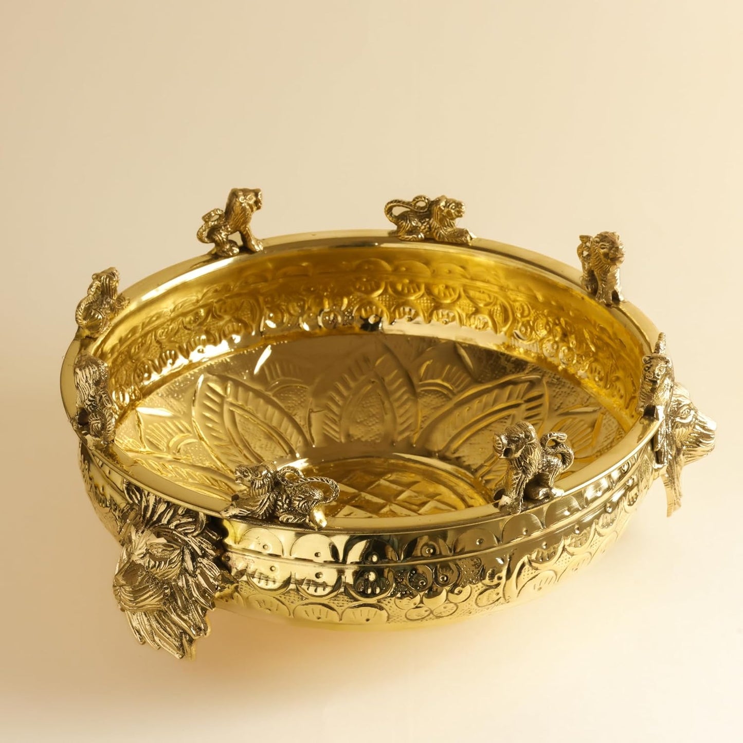 Brass Urli Bowl with Lion Design , 12 inches 1180 grams  | Decorative Floating Flower Bowl for Home Decor |  Handcrafted Metal Urli