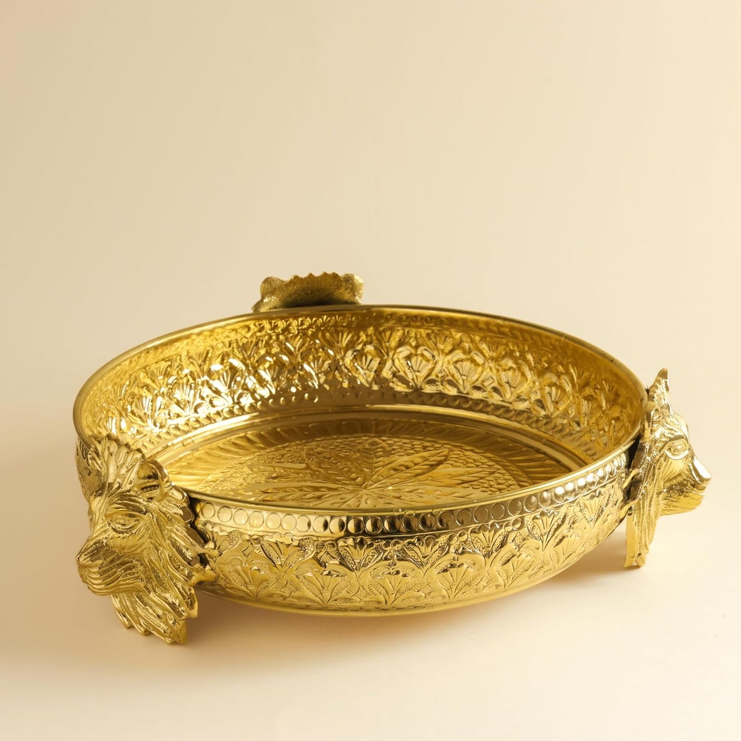 Brass Urli Bowl with Lion Design, 10 inches 750 grams   | Decorative Floating Flower Bowl for Home Decor | Handcrafted Metal Urli