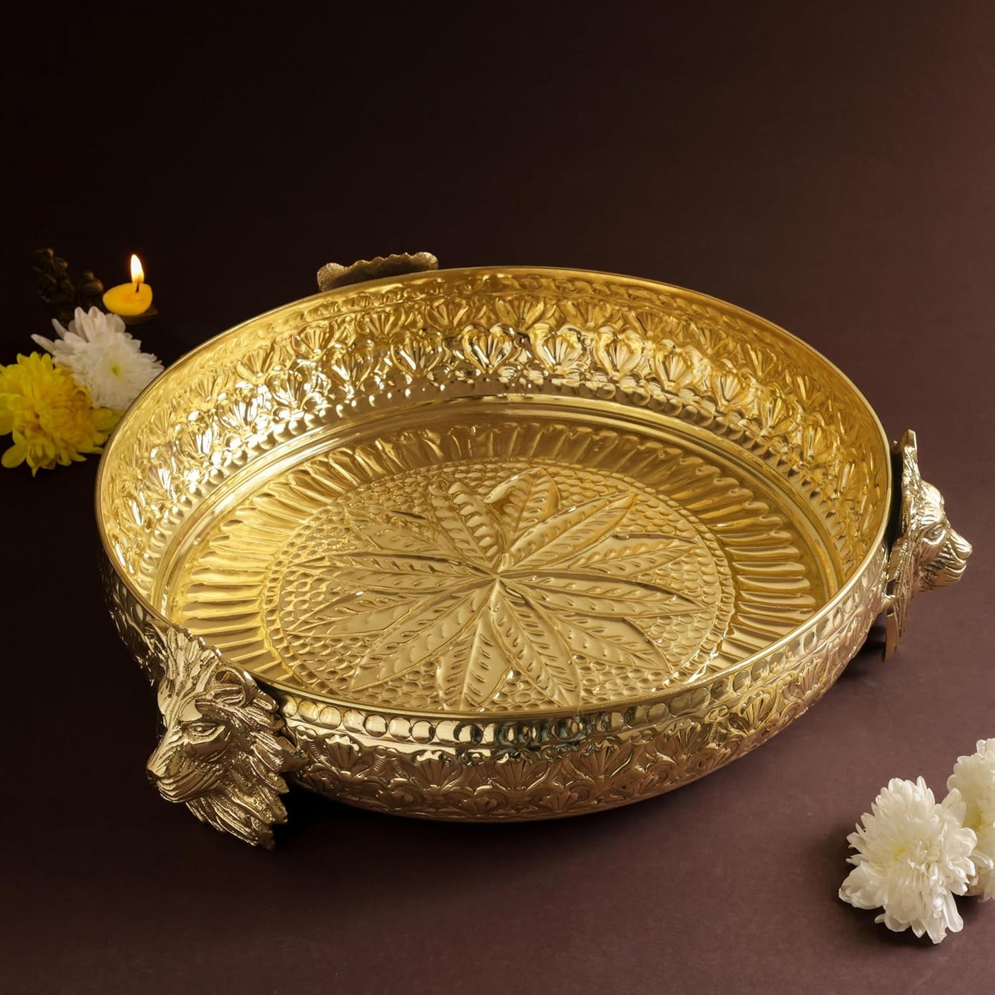 Brass Urli Bowl with Lion Design, 12 inches 1180 grams  | Decorative Floating Flower Bowl for Home Decor | |Handcrafted Metal Urli