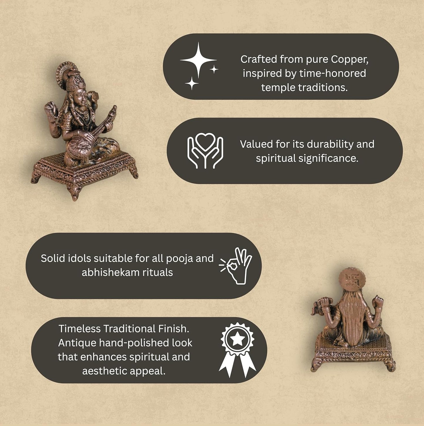 Peeta Saraswati Idol | 60 gm,5 inches  Saraswati Murti | Antique Finish Metal God Statue for Home Temple