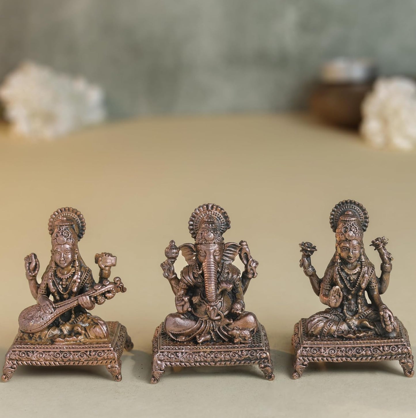 Peeta Lakshmi Ganesha Saraswati Idol Set | 180 gm,5 inches Brass Finish LGS Murti Combo