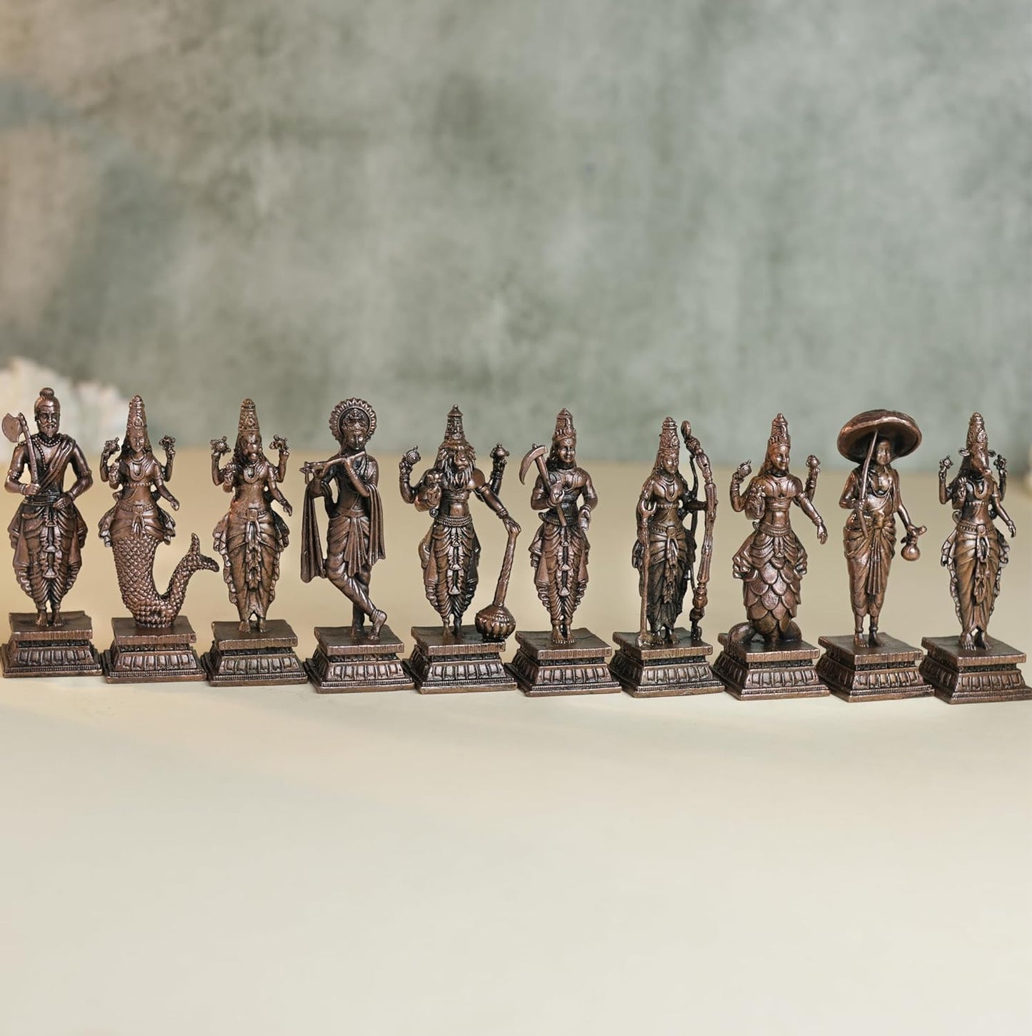 Dashavatar Idol Set | 800 gm ,8 inches Brass Finish Vishnu 10 Avatars Murti Set | , Spiritual Decor & Gifting