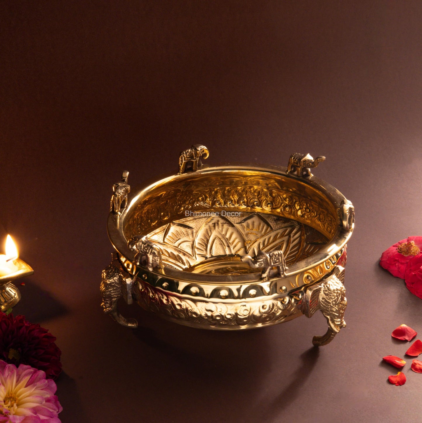 Elephant Carving Urali Bowl 8" | 800 gm Decorative Brass Bowl & Platter | Home Decor, Pooja & Gifting | Brass | Gold