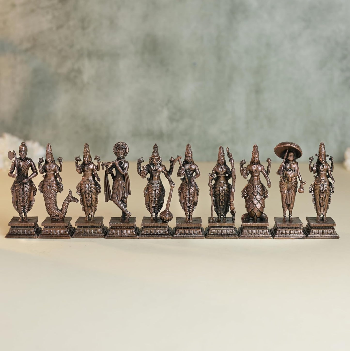 Dashavatar Idol Set | 800 gm ,8 inches Brass Finish Vishnu 10 Avatars Murti Set | , Spiritual Decor & Gifting