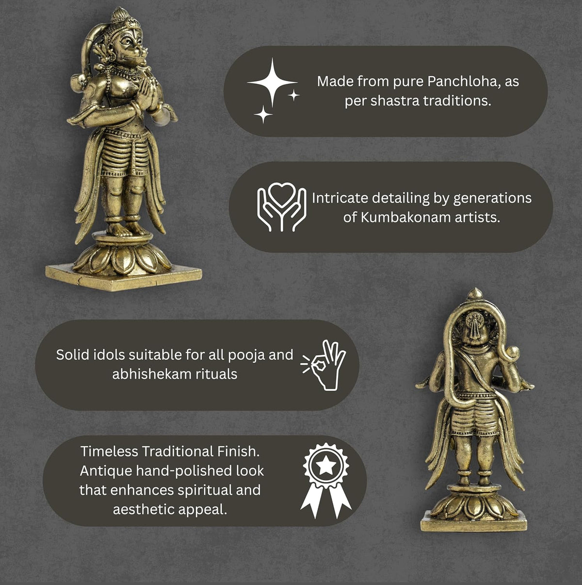 150 Gram Standing Hanuman Panchloha Idol | 3 Inches Height | Handmade Traditional Hindu Religious Statue
