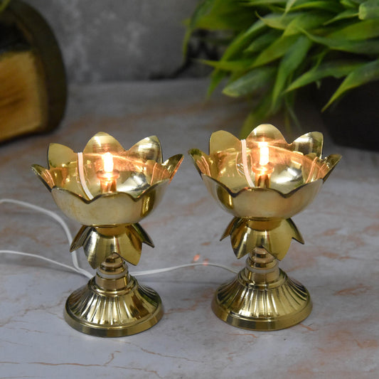 Pure Brass LED Bulb Light Kamal Design Electric Diya (3.25 Inches, 280g)