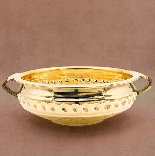 Diamond Carving Urali Bowl 10" | 740 gm Decorative Brass Bowl & Platter | Home Decor, Pooja & Gifting | Brass | Gold