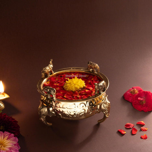 Elephant Carving Urali Bowl 6"inch | 570 gm Decorative Brass Bowl & Platter