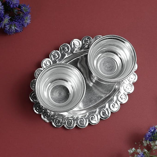 Oval Kumkum Bowl with Plate Set | Metal Haldi Kumkum Holder with Decorative Tray  | Silver Finish